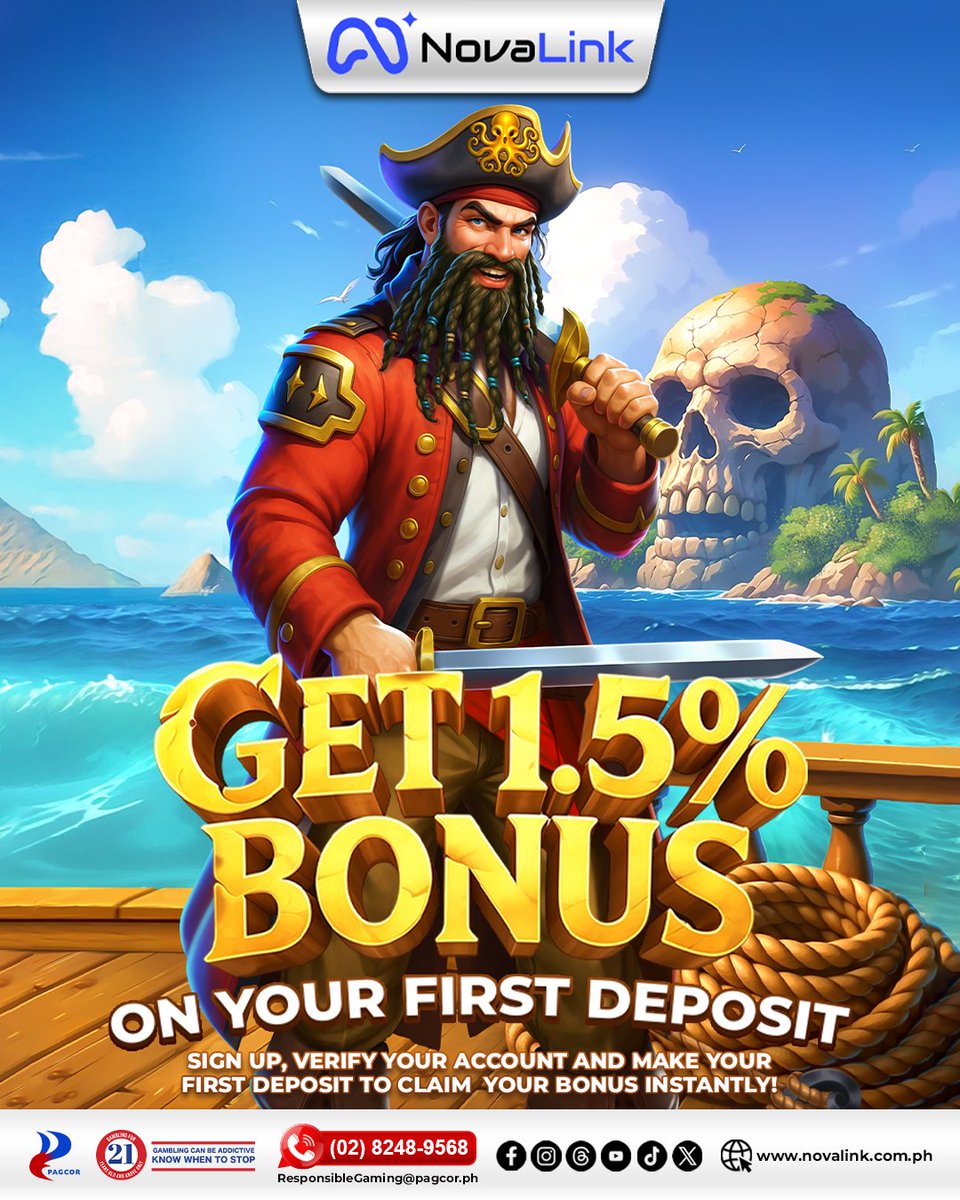 NovaLink88's tweet photo. Ready to set sail for big wins?

Start your adventure right and get a 1.5% bonus on your first deposit!

#NovaLinkPirateAdventure #NovaLinkBonus #LevelUpGaming #FirstDepositRewards #ResponsibleGaming https://t.co/CzNSwv6JAQ