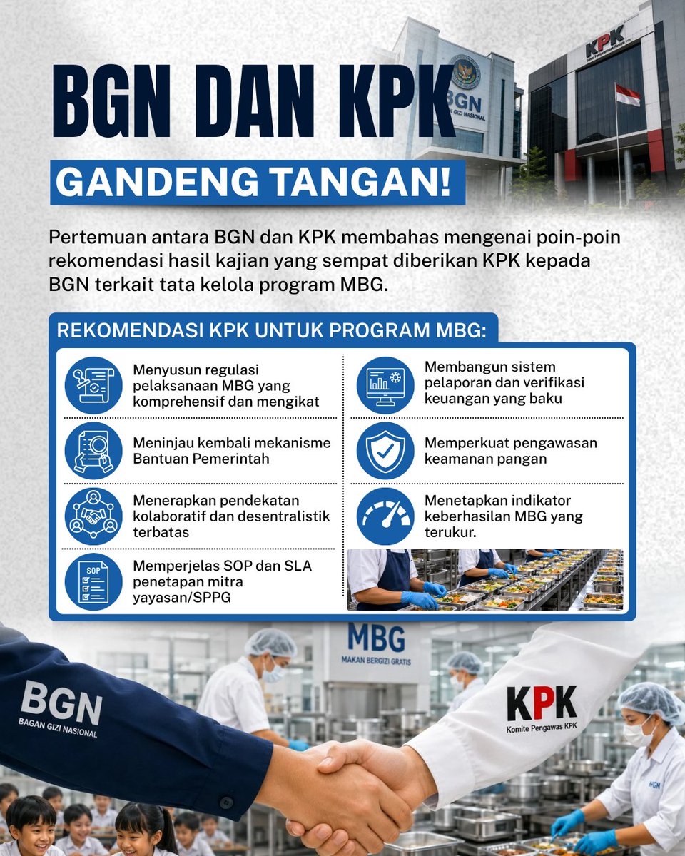 fa7105266's tweet photo. BGN dan KPK gandeng tangan Keduanya bahas rekomendasi tata kelola program Makan Bergizi Gratis (MBG) agar semakin akuntabel dan tepat sasaran. Fokus ke kemajuan, bukan perdebatan. #JagaIndonesia #MBG #Transparansi #KPK #BGN https://t.co/pd7F03WZ2c