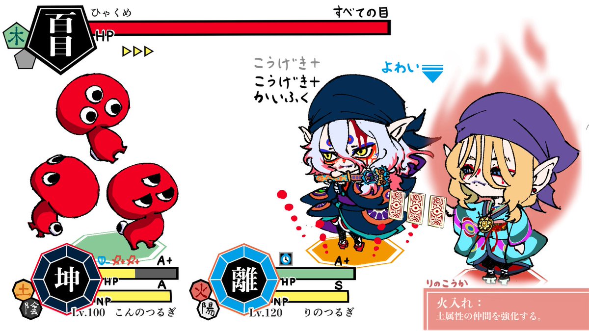 _tora_hitsuji's tweet photo. 百目戦がアツかったのでソシャゲ風に描いてみました📱🎮

モ怪は八卦の五行帰属と相剋を照らし合わせると力関係がわかりやすいですね🤔
ちなみに相生関係で火（離）は土（坤）を強くするそうです……離さんッ！

#モノノ怪_FA 
#モノノ怪の輪を広めよう https://t.co/1zgqR72IHY
