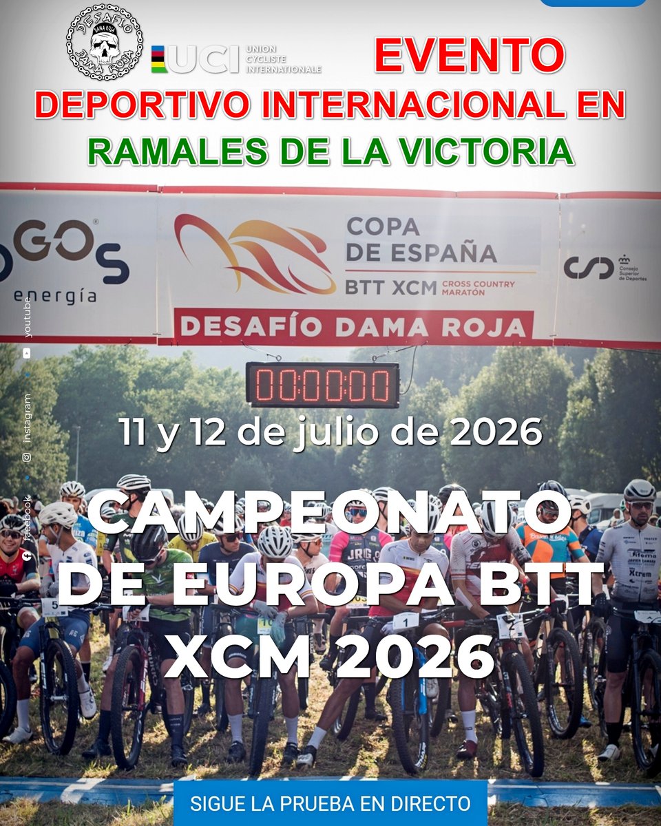 RamalesInforma's tweet photo. 🚵♀️ Evento Deportivo Internacional en Ramales
Los días 11 y 12 de julio de 2026, el Campeonato de Europa de BTT Maratón (XCM) @Desafío Dama Roja
Toda la info. 👉 https://t.co/x5noWCkgEr
#Ramales #RamalesdelaVictoria #Cantabria #Deporte #EuropeanChampionship #XCM #DamaRoja2026 https://t.co/BMLs38sjV1