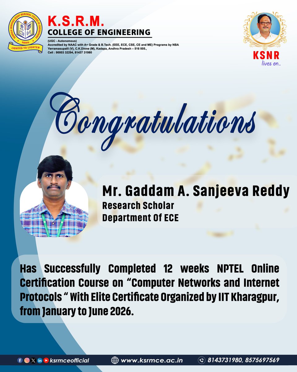 ksrmceofficial's tweet photo. Congratulations !!
#NPTEL #Computernetworks #internetprotocols #IIT #Compilerdesign #research #publicationethics #newdelhi #ECE #electronicsengineering #KSRMCE https://t.co/PtOwGG50vC