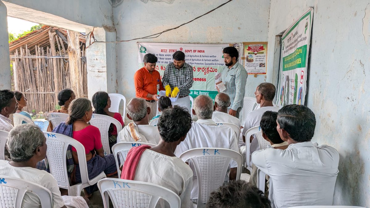 CIPMCHyd's tweet photo. Conducted live demonstations on Seed treatment, Safe handling and Judicious use of quality pesticides, awarness on use of NPSS mobile application for pests identification, management and pests surveillance at Khara village, Sathnala mandal, Adilabad district on 09.07.2026. https://t.co/put7py8F20