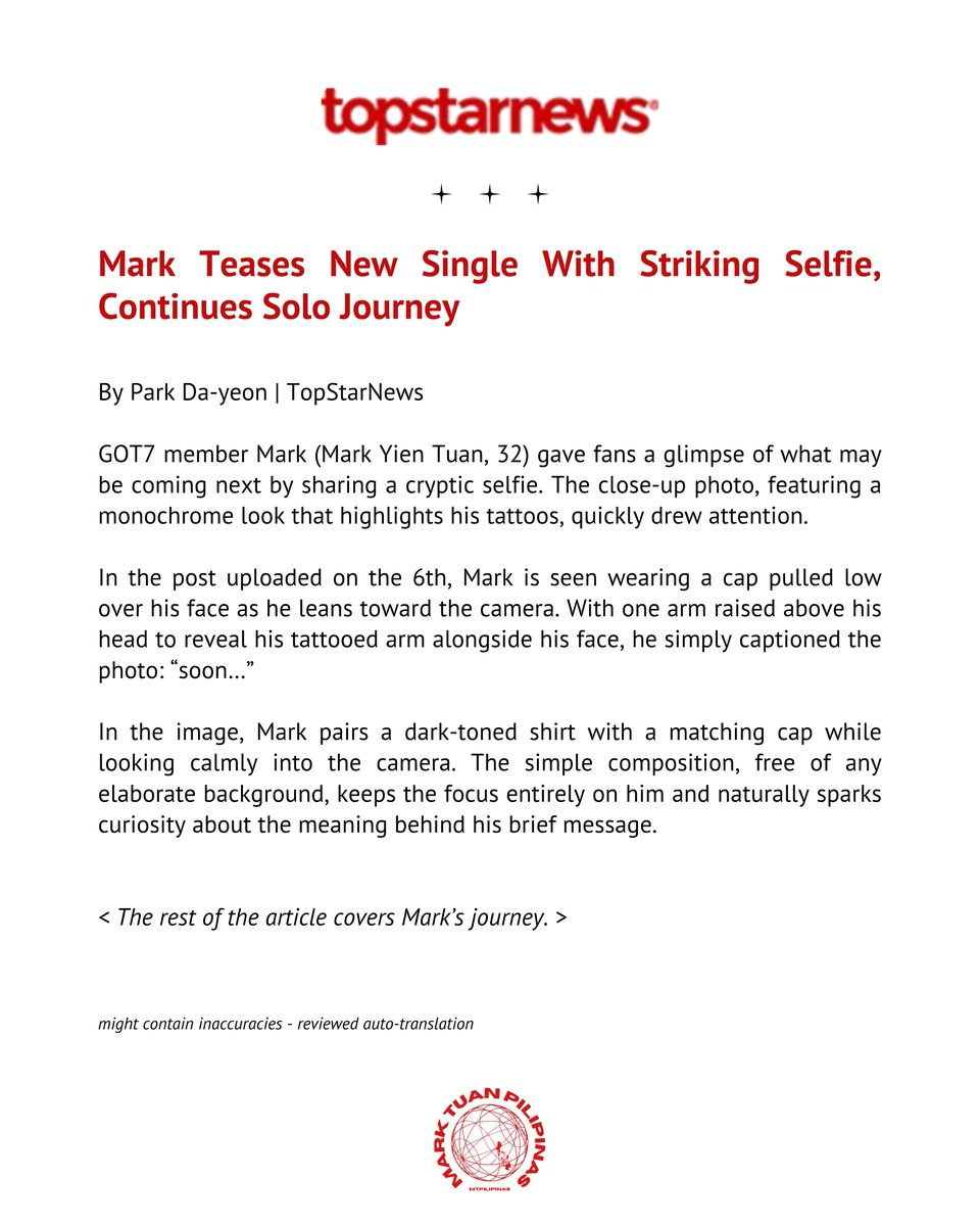 MTPilipinas's tweet photo. [📰] Mark Teases New Single With Striking Selfie, Continues Solo Journey  | Topstarnews

🔗 https://t.co/SJz3qMRrlS

#MarkTuan #Mark #段宜恩 #마크 
@marktuan @DNAmngmnt https://t.co/RkjJf1JWAt