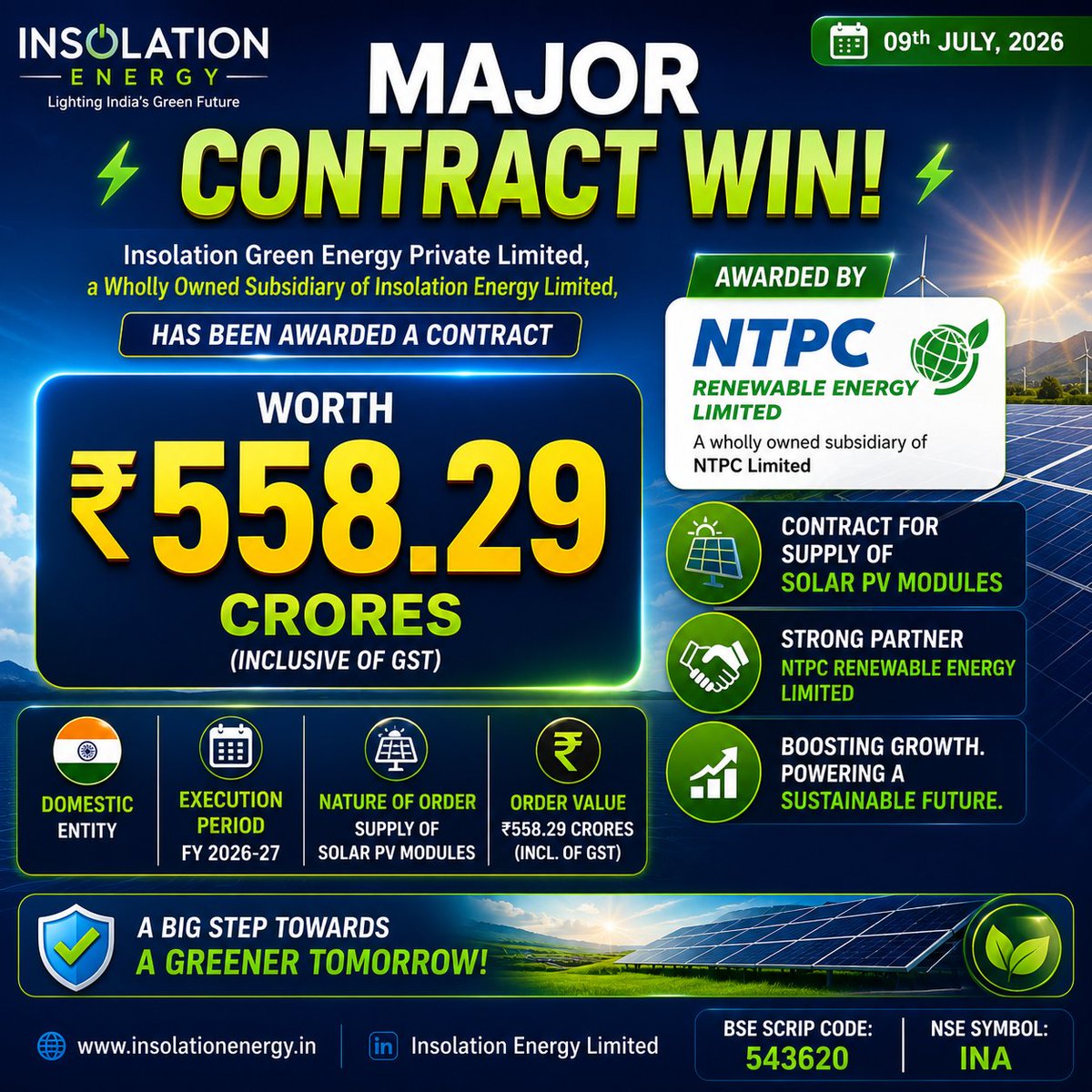 StockAlertsz's tweet photo. ☀️ Insolation Energy wins a ₹558.29 Cr order from NTPC Renewable Energy! 🔥
✅ Supply of Solar PV Modules
✅ Order from NTPC Renewable Energy Ltd.
📅 Execution in FY27
A major boost to the company's order book. 🚀
#InsolationEnergy #INA #NTPC #SolarEnergy #RenewableEnergy #OrderWin #StockMarket #IndianStocks
https://t.co/pEnGoziNU7