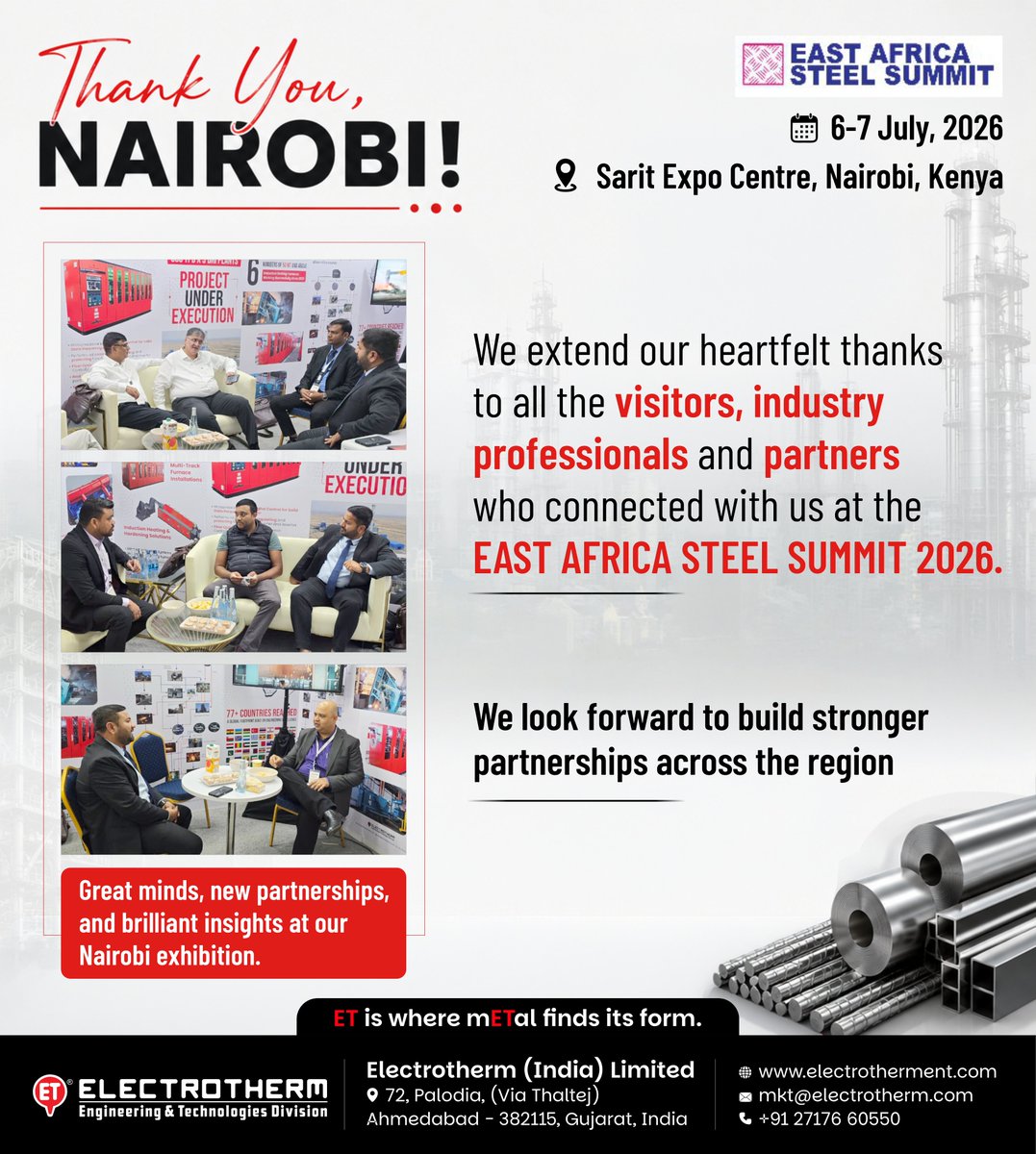 Electrotherm_ET's tweet photo. An incredible two days in Nairobi!
Thank you to everyone who connected with our team at the East Africa Steel Summit 2026.
We are excited to build strong, lasting partnerships across the region!
#Nairobi #Kenya #SteelSummit #Electrotherm #SteelManufacturing #GlobalBusiness https://t.co/Pm9989EXDS