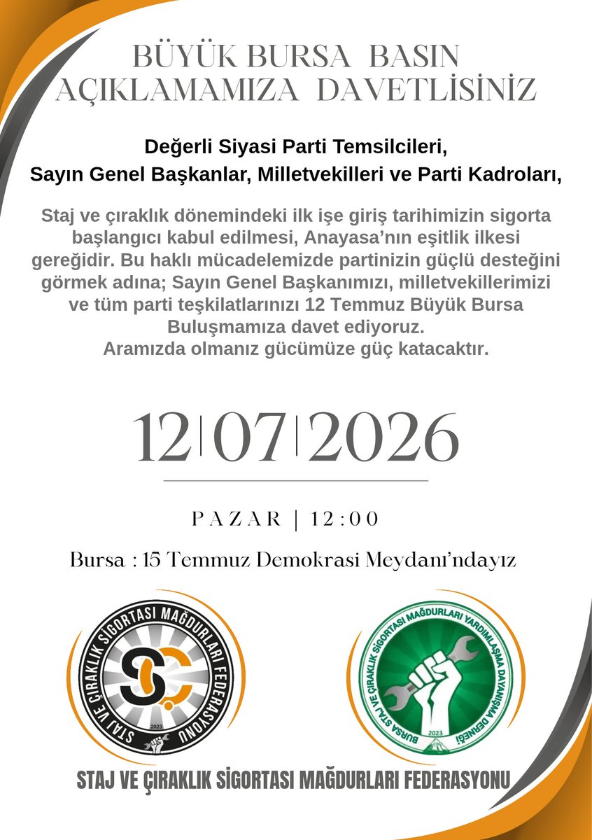 bursastajder's tweet photo. 🎙BÜYÜK BURSA  BULUŞMASINDA KİM HAKKIN YANINDA OLACAK ?
@Akparti 
@herkesicinCHP 
@iyiparti 
@MHP_Bilgi 
@devapartisi 
@SaadetPartisi 
@rprefahpartisi 
@bbpgenelmerkez 
@zaferpartisi 
@_DemokratParti
@RTErdogan
@_cevdetyilmaz
@NumanKurtulmus
@isikhanvedat
@zorlu77
@dbdevletbahceli
@ifarukaksu
@yasaryldrmMHP
@eczozgurozel
@MDervisogluTR
@erbakanfatih
@yavuzagiraliog
@YS_Turkoglu 
@umitozdag
@55erhanusta
@ayyuceturkestas
@alibabacan
@mahmutarikansp
@melih_meric
@suatkilic
@fethigurer 
@AliyeErsever 
@ismakgul14 
@cenginyurt52 
@KverSemih
@anahtarparti
@bbpgenelmerkez
@DSPGenelMerkez
@BTP_Parti
@tipgenelmerkez
@hakiskonf
@turkiskonf
@diskinsesi
@iloankara
@EUDelegationTur
#ErgunAtalay

Yıllardır sürdürdüğümüz hak mücadelemizde yepyeni bir dönüm noktası için Bursa'da bir araya geliyoruz. Çıraklık ve staj dönemlerinde döktüğümüz alın terinin karşılığı olarak, ilk işe giriş tarihimizin sigorta başlangıcı kabul edilmesi Anayasa’nın eşitlik ilkesi gereğidir.

Fiili olarak sahada, tezgah başında, sanayide, işletmede olduğumuz o günlerin eksiksiz olarak tanınması için sesimizi meydanlardan en güçlü şekilde duyuracağız.

"Hakkımız için omuz omuza" diyerek gerçekleştireceğimiz bu tarihi buluşmaya tüm kader arkadaşlarımızı, değerli siyasi partilerimizi, sesimize ses olmak isteyen herkesi davet ediyoruz.⚖️

📍 Yer: Bursa - 15 Temmuz Demokrasi Meydanı
🗓 Tarih: 12 Temmuz 2026, Pazar
⏰ Saat: 12 :00

Bursa Stajyer Çırak Diyecek
#StajyerçırakHakkıMahşereKalmayacak