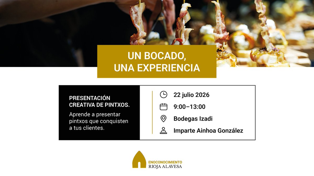 RiojaAlavesa's tweet photo. ✔️Nueva #formación de #Enoconocimiento #RiojaAlavesa: "Un bocado, una experiencia", un taller práctico para aprender a presentar pintxos y tapas con creatividad.

📅 22 de julio | 📍 Bodegas Izadi

👉 Información e inscripciones:
https://t.co/L2Sk5iiG1T https://t.co/DlUAVAFSU6