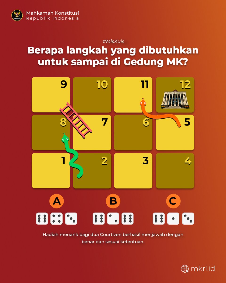 officialMKRI's tweet photo. Saatnya #MisKuis, #Courtizen! 🥳

Bisakah #Courtizen menemukan jalan menuju Gedung MK? 
Kalau sudah ketemu, langsung tulis jawabannya di kolom komentar, ya!

Jangan lupa penuhi syarat berikut:
✅ Like postingan ini
✅ Tulis jawaban di kolom komentar
✅ Pastikan akunmu tidak di-private
✅ Follow akun TikTok MK dan kirim bukti follow melalui DM Instagram

#MisKuis ditutup pada 13 Juli 2026 pukul 24.00 WIB.
Pemenang akan diumumkan pada 14 Juli 2026 melalui Instagram Story MK.

Selamat mencoba dan semoga beruntung! 🥳

#MengawalKonstitusi
#SalaMKonstitusi
#MKRI
#MisKuis