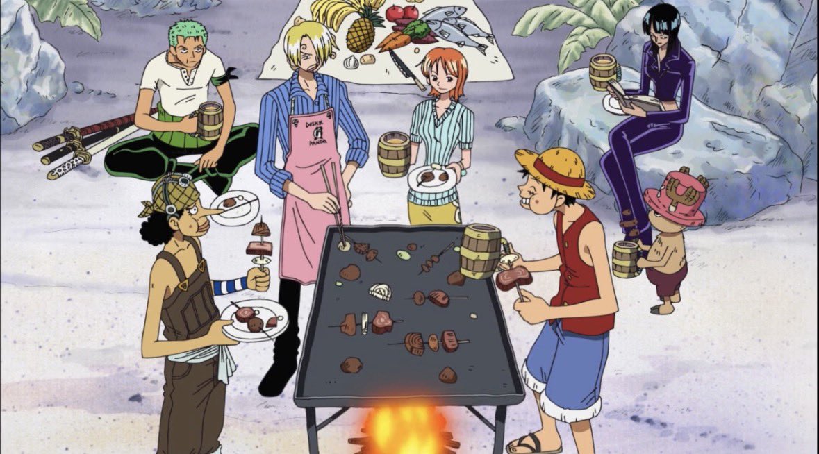sanjipic's tweet photo. Just the crew looking happy for getting food so sanji can cook it https://t.co/uWQECt3qPZ