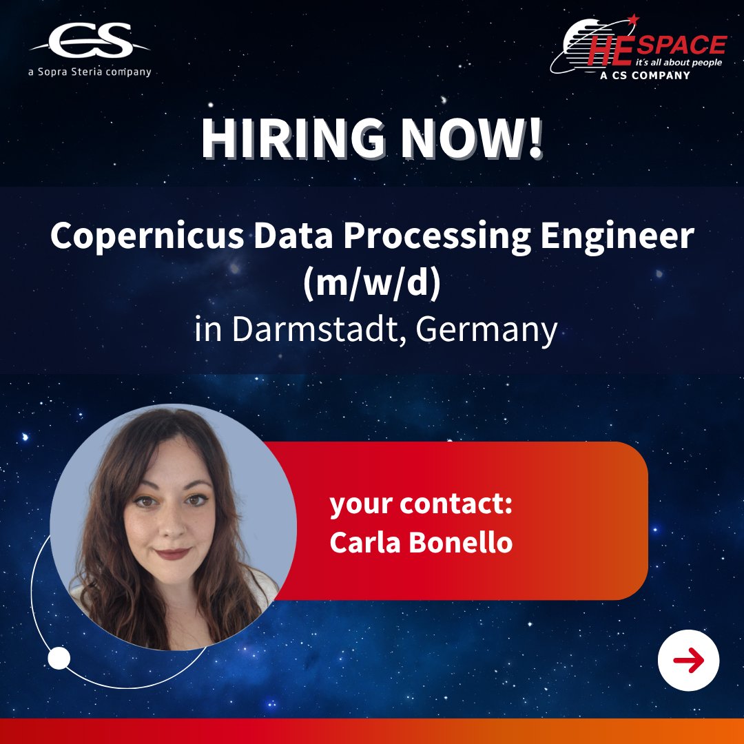 HE_Space's tweet photo. We are hiring a 💼 𝐂𝐨𝐩𝐞𝐫𝐧𝐢𝐜𝐮𝐬 𝐃𝐚𝐭𝐚 𝐏𝐫𝐨𝐜𝐞𝐬𝐬𝐢𝐧𝐠 𝐄𝐧𝐠𝐢𝐧𝐞𝐞𝐫 (𝐦/𝐰/𝐝) in📍Darmstadt, Germany at #EUMETSAT supporting critical data processing systems within the #Copernicus programme. 

 Apply now: https://t.co/VR3ro0tJV0

#HESpace #CSGROUP #SpaceJobs https://t.co/DOBasgPpXY