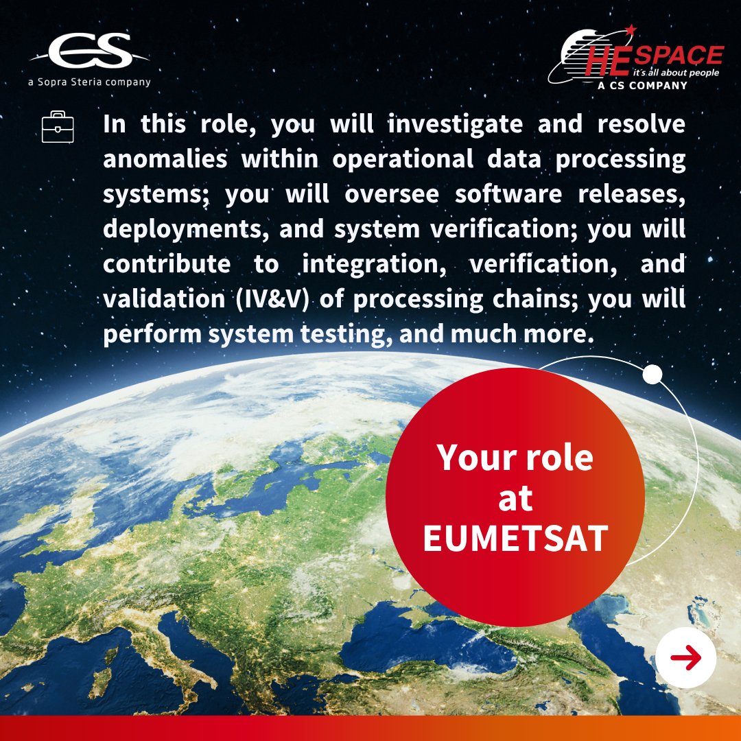 HE_Space's tweet photo. We are hiring a 💼 𝐂𝐨𝐩𝐞𝐫𝐧𝐢𝐜𝐮𝐬 𝐃𝐚𝐭𝐚 𝐏𝐫𝐨𝐜𝐞𝐬𝐬𝐢𝐧𝐠 𝐄𝐧𝐠𝐢𝐧𝐞𝐞𝐫 (𝐦/𝐰/𝐝) in📍Darmstadt, Germany at #EUMETSAT supporting critical data processing systems within the #Copernicus programme. 

 Apply now: https://t.co/VR3ro0tJV0

#HESpace #CSGROUP #SpaceJobs https://t.co/DOBasgPpXY