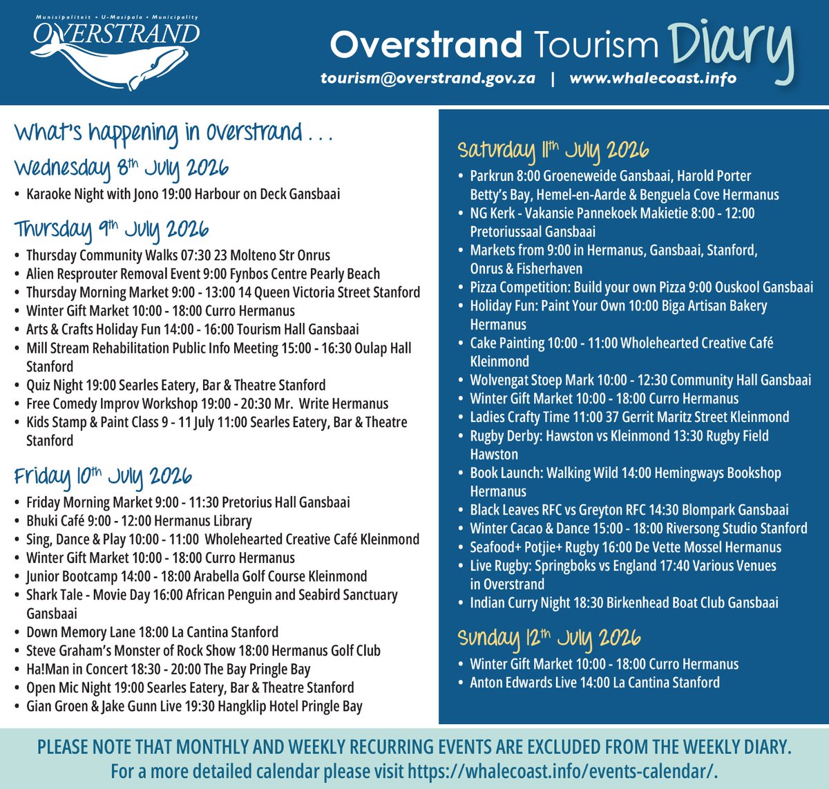 visitstanford's tweet photo. ✨Overstrand Weekend Diary 8 - 12 July 2026 🥂
For a more detailed calendar please visit https://t.co/igq5ahhbkI
#OverstrandTourism #overstrandevents #visitstanford #weekendplanning https://t.co/EAHSf0ZwAa