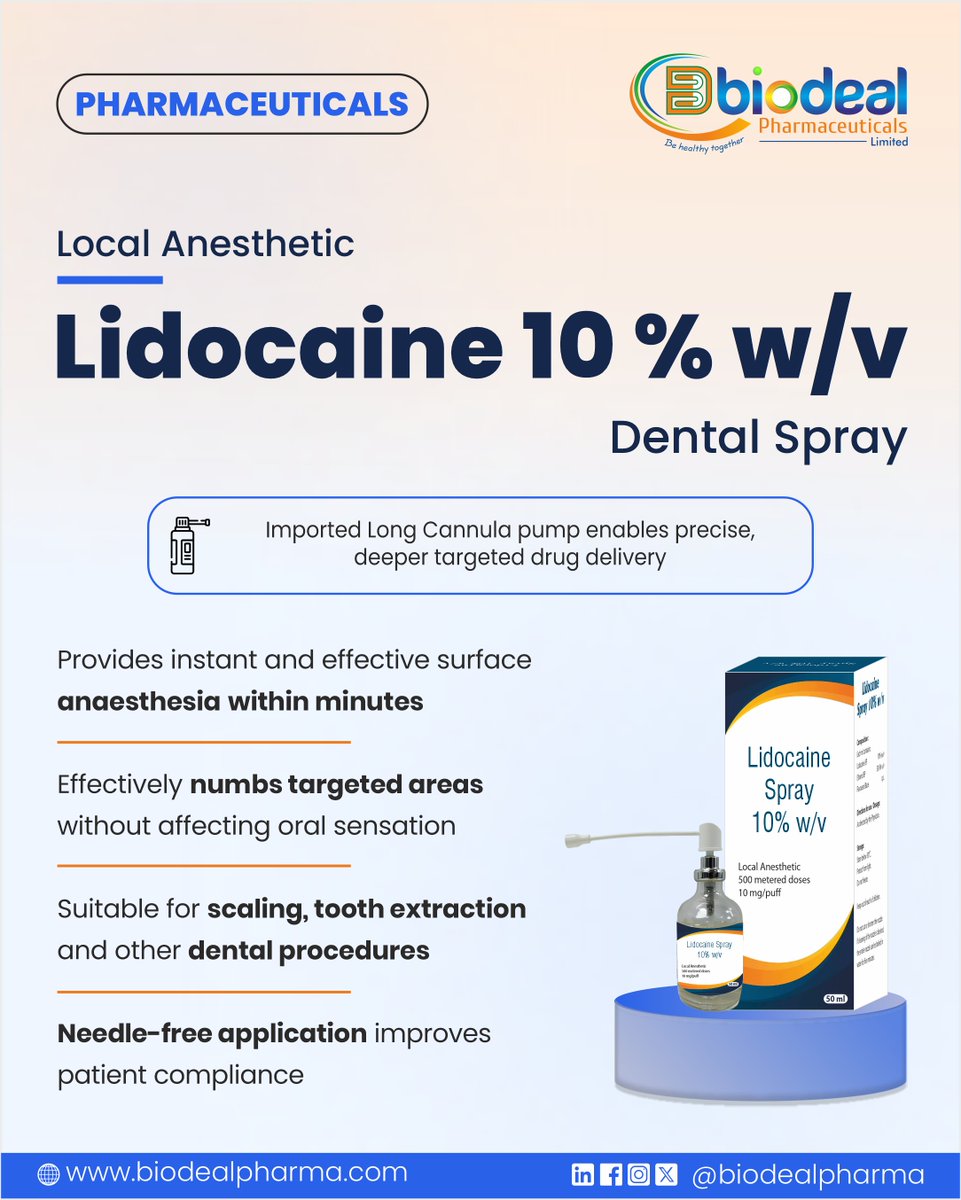Biodealpharma's tweet photo. No needle. Instant anaesthesia. Better compliance. 💊

Lidocaine 10% w/v Dental Spray — imported long cannula pump, 500 metered doses, 10 mg/puff.

WHO-GMP &amp; PIC/S certified spray manufacturing by Biodeal.

🌐 https://t.co/AaTzniDbA7

#Biodeal #Lidocaine #DentalSpray #CDMOIndia https://t.co/DbVqC390kL