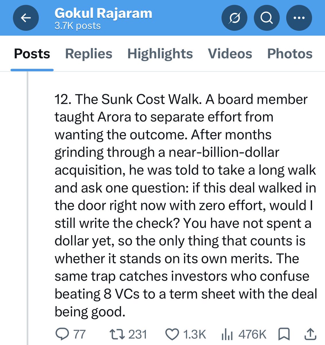 jayminrk's tweet photo. The walk works when you're the buyer and the money is the company's.
Sitting on the other side of the table, I almost never saw it work.

At @hypertrack I sold location AI into CTOs who had already burned millions and put 100+ engineers on building their own. Ours was better. Often cheaper.
We still lost most of them.

It wasn't that they couldn't do the math. They could. The problem is that the person who has to approve the switch is usually the person who approved the build. The dollars are sunk. The reputation isn't.

Sunk cost is a reasoning error. A long walk and a good question can fix it.
Career cost is a rational fear. No ROI deck touches it.