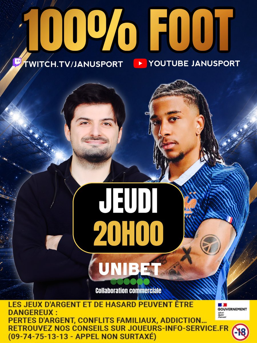 Janusport's tweet photo. 🇫🇷 🇲🇦 France - Maroc : 10x10€ de freebets à gagner 

⚽️ Combien la France marque de buts dans le temps réglementaire ?

🎁 15€ de freebets sans dépôt sur @UnibetFrance via notre lien + accès à notre discord à vie : https://t.co/sQqDnxQZGs 👈 

❤️ ♻️ Follow @Janusport pour jouer https://t.co/WLNJBylODI