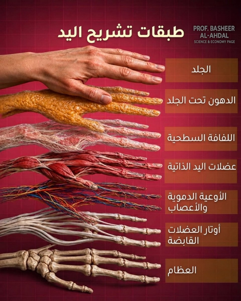 prof_basheer1's tweet photo. تتكوّن يد الإنسان من طبقات متناسقة، يؤدي كل منها وظيفة أساسية تمنحها القدرة على الحركة والإحساس والعمل بدقة مذهلة. يبدأ ذلك بالجلد الذي يحميها من العوامل الخارجية، تليه طبقة من الدهون تمتص الصدمات وتدعم الأنسجة. 

وفي العمق تتكامل اللفافة والعضلات والأعصاب والأوعية الدموية والأوتار والعظام في نظام بالغ التعقيد، ليمنح اليد قوتها ومرونتها وحساسيتها الفائقة وقدرتها على تنفيذ أدق الحركات التي نعتمد عليها في حياتنا اليومية.