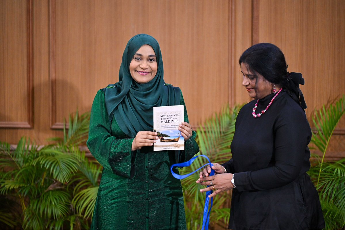 presidencymv's tweet photo. First Lady @sajidhaamohamed launches Mathematical Thinking in the Maldives: Ethnomathematics, Cultural Heritage, and Curriculum Integration.

The publication explores how Maldivian cultural heritage can be integrated into mathematics education, contributing to research and curriculum development.