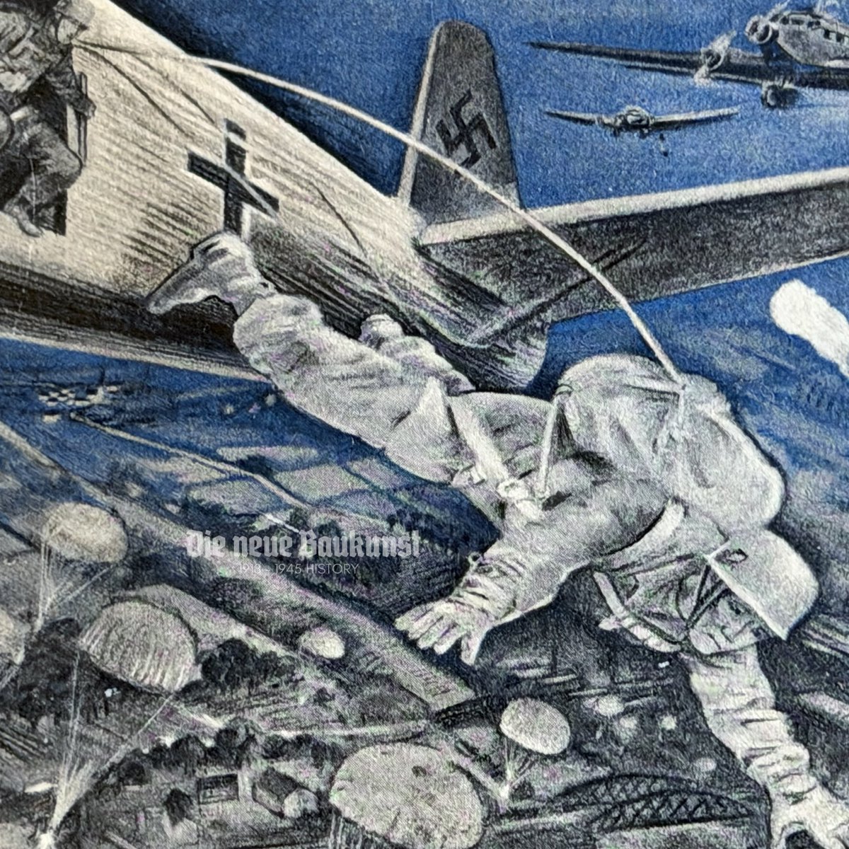 Dieneuebaukunst's tweet photo. PK image from a magazine; “Soldatenblätter für Feier und Freizeit” from 1940 depicting Fallschirmjäger jumping over Belgium where they notoriously took the Eben-Emael fortress by landing behind it. #Worldwartwo https://t.co/H27jQztKSM