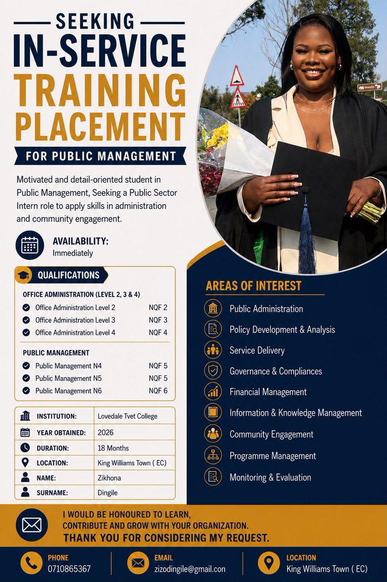 DingileZikhona_'s tweet photo. Please Help me secure an in-service training placememt for Public Management… 

From Lecturer Hall to public services.

#PublicManagement
#InserviceTraining https://t.co/A0kxb6x0La