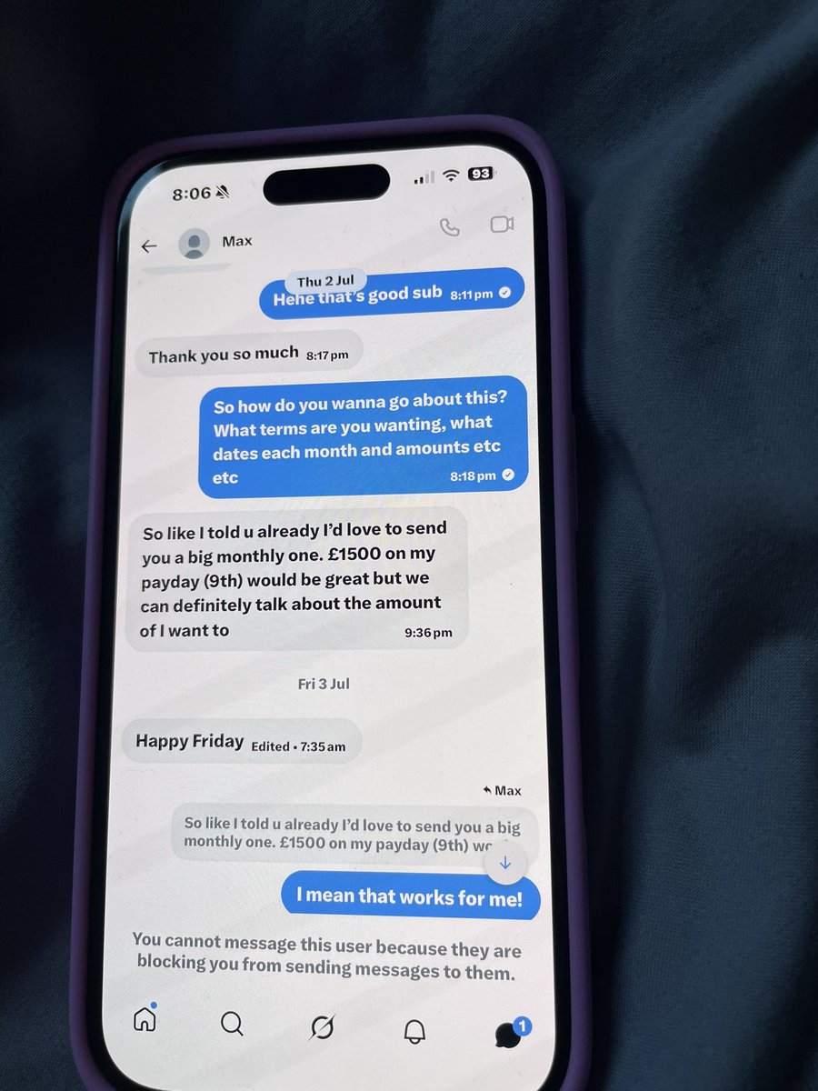 Littlestepsxx's tweet photo. 🚨AVOID AVOID AVOID���

@MaxBst0000  is a ‘sub’ who says he’s had multiple Dommes before and has been in it for a few years. As you can see he wanted a long term deal and would pay £1500 on the 9th of each month (starting today) he obviously has then blocked me today - what a surprise. 

He says how weak he is for me and how he wants videos of me bullying him yet get no payments for them!