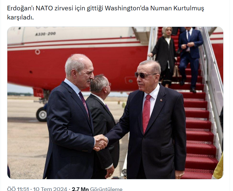 oktayyildirim__'s tweet photo. 2024 yılında NATO zirvesi için Washington'a giden RTE'yi, havaalanında Washington'a aynı uçakla gelen Numan Kurtulmuş karşılamıştı.
2026 yılında NATO zirvesi için Ankara'ya gelen Trump ise RTE tarafından havaalanında uçağın merdivenlerinde karşılandı.
Türk dış politikasının özeti budur.