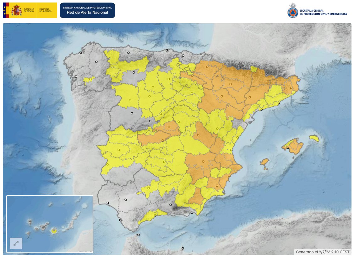 proteccioncivil's tweet photo. 🗓️ 09/07/2026
⚠️ Fenómenos meteorológicos adversos próximas 24h

Riesgo🟧🟨
🌡️ 15 comunidades autónomas afectadas por la ola de calor

Riesgo🟨
🌧️ Zonas de Castilla y León, Navarra y País Vasco
⛈️ Zonas de Aragón, Asturias, Castilla y León, Navarra, País Vasco y La Rioja

ℹ️Mantente informado en el visor RAN
🔎https://t.co/dNR2viqc0v