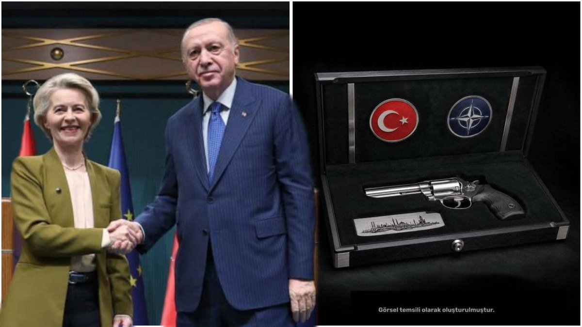 camille_moscow's tweet photo. 🔫🔫 Erdogan a offert un pistolet à Ursula von der Leyen, mais on ne lui a pas permis de l'emporter avec elle du sommet à Ankara.

Politico écrit que le dirigeant turc l'a offert comme cadeau d'adieu — il était gravé et contenait des munitions réelles. L'équipe l'a confisqué car le cadeau était coûteux et le chef de la Commission européenne "ne pouvait pas le garder chez lui".

Le président du Conseil européen, António Costa, a reçu le même cadeau — son pistolet a été immédiatement confisqué par les services de sécurité.

Le même cadeau a été offert au Premier ministre sortant britannique Starmer et au Premier ministre néerlandais Rutte. Ils ont déclaré qu'ils laisseraient leurs pistolets en Turquie pour être démontés avant de les ramener chez eux.