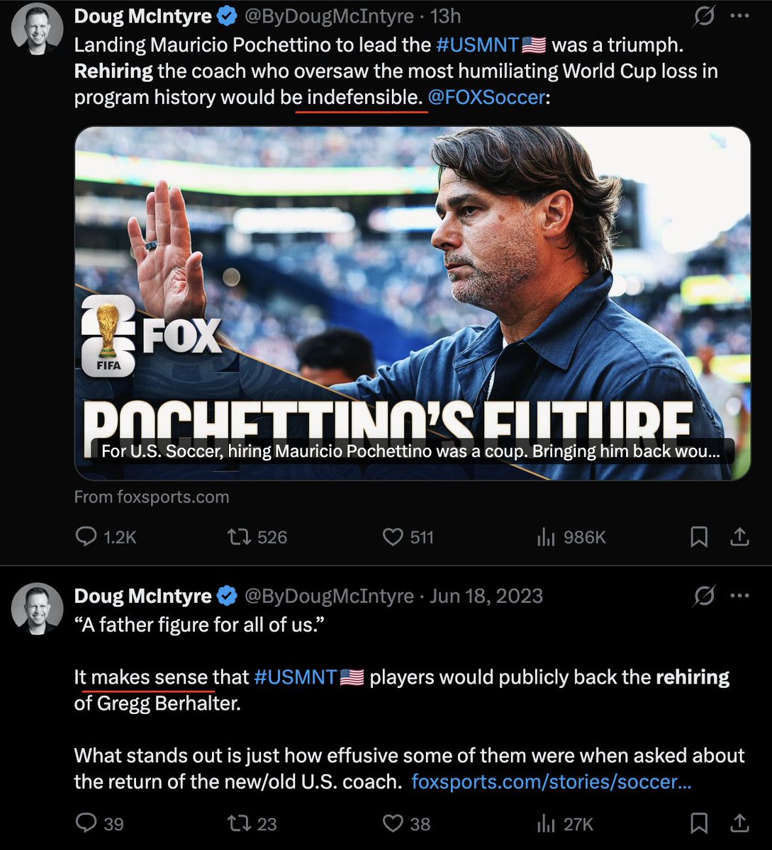 3kingreign's tweet photo. @ByDougMcIntyre @FOXSoccer Rehiring Pochettino: "indefensible"

vs

Rehiring Berhalter 🤡 "makes sense" https://t.co/7IWfniNUx5