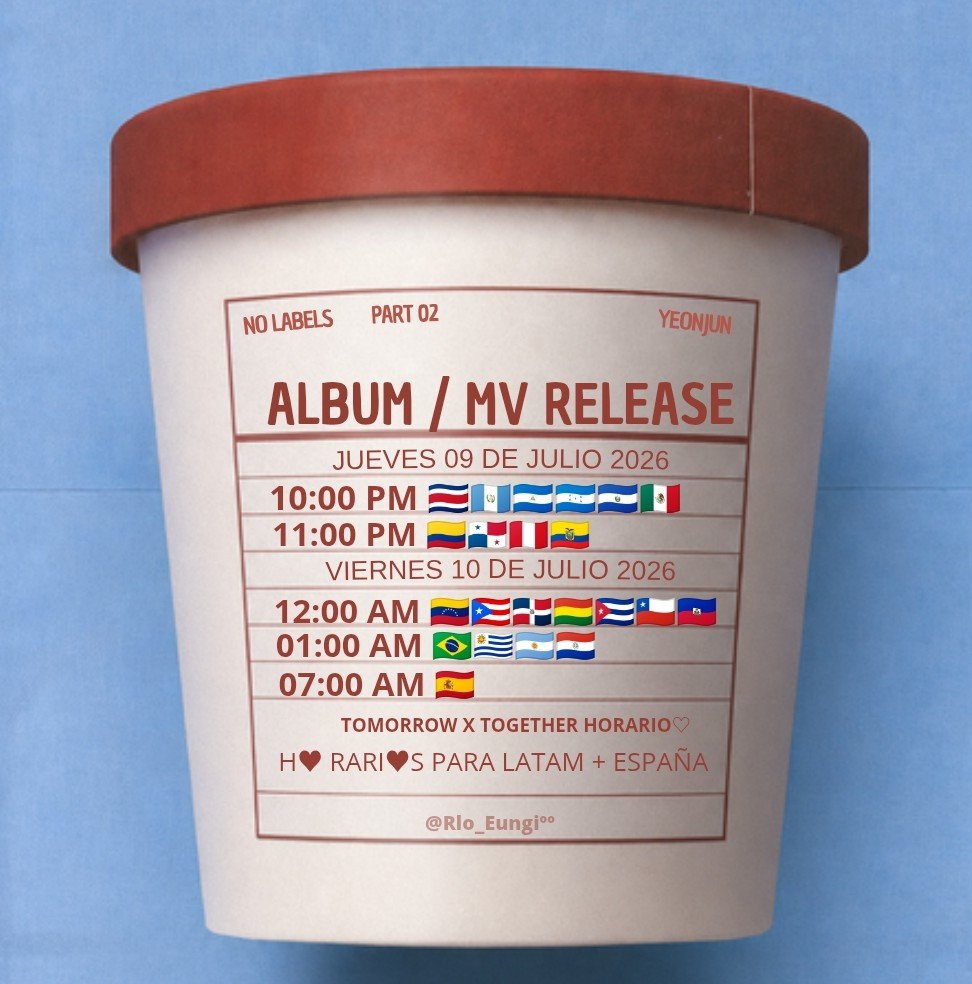 Rlo_Eungi's tweet photo. 📆| TXT (YEONJUN) HORARIOS!

¡Finalmente llegó el día! 

Hoy (o mañana, dependiendo de su país) será el lanzamiento del segundo álbum en solitario de Yeonjun de TXT, "No Labels PT. 02", junto con el MV de "ICE CREAM"!

Aquí los horarios para LATAM + España, para que no se lo pierdan, además de las metas del comeback para cumplirlas.

Si aún no lo hacen pre-guarden el álbum en Spotify aún están a tiempo:
https://t.co/dUa6gd4XQd