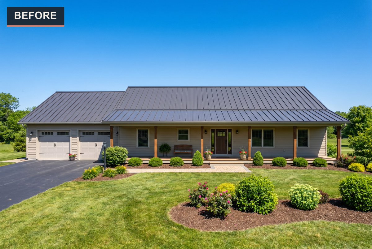 Staging_Studio's tweet photo. That bold standing-seam roof and covered porch deserved a sky to match. Warm amber light fills every window, the porch sconces glow, and a violet-to-coral sunset crowns it all. #RealEstatePhotography #RealEstateMarketing https://t.co/gue7hYNH5K