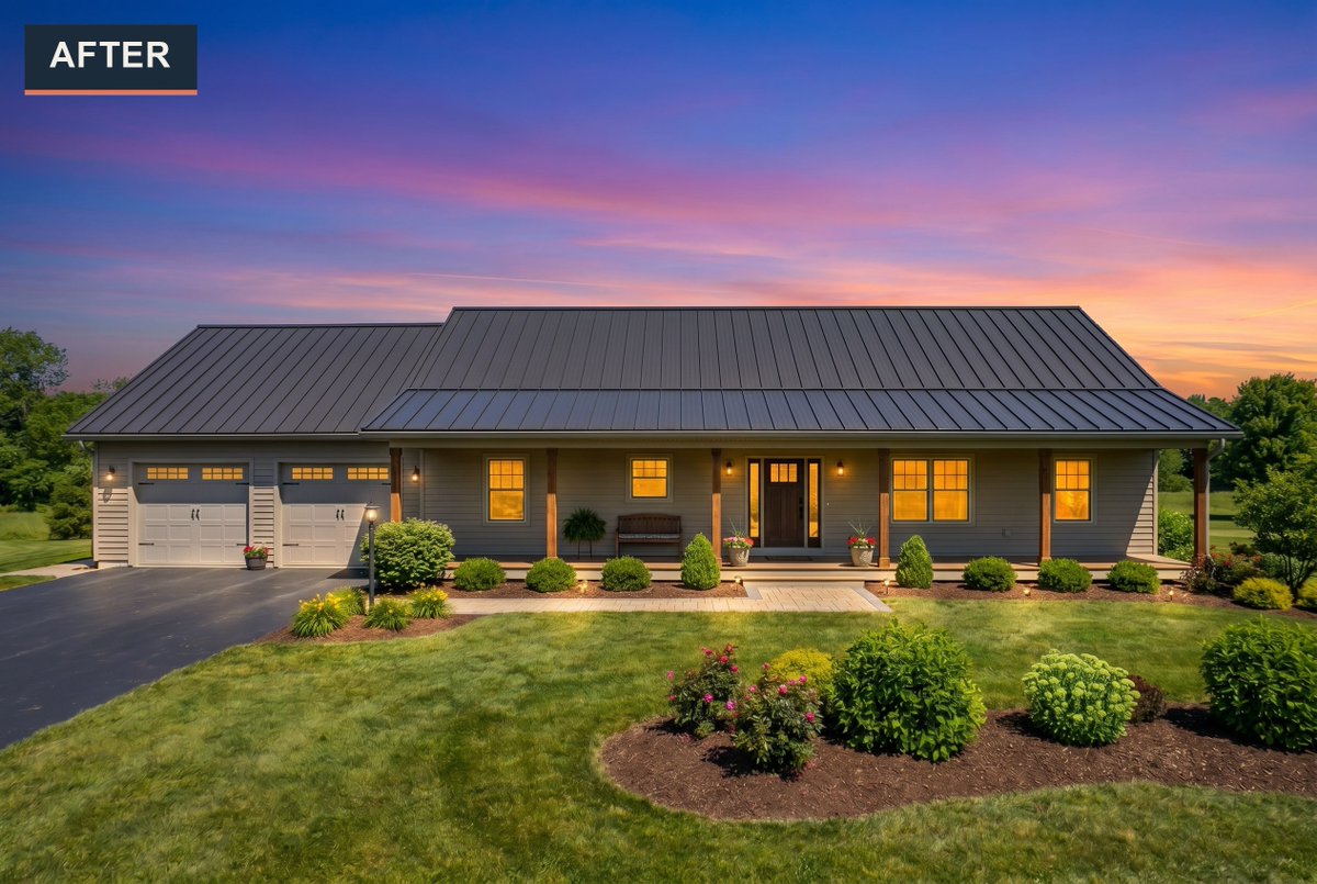 Staging_Studio's tweet photo. That bold standing-seam roof and covered porch deserved a sky to match. Warm amber light fills every window, the porch sconces glow, and a violet-to-coral sunset crowns it all. #RealEstatePhotography #RealEstateMarketing https://t.co/gue7hYNH5K