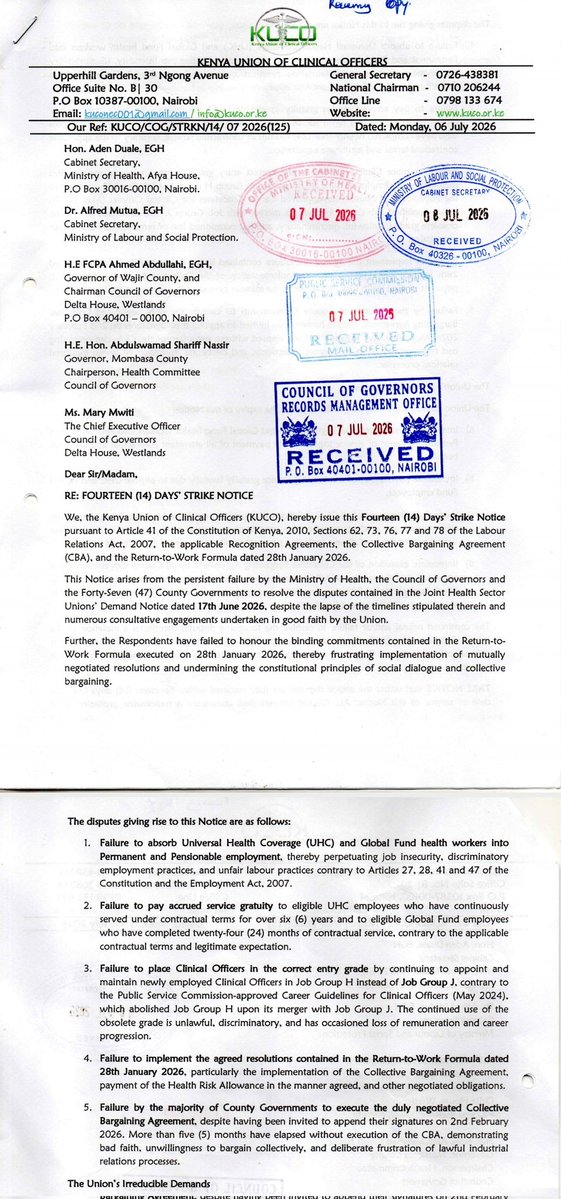 kUCOofficial's tweet photo. The County @KenyaGovernors failed to issue the Permanent and Pensionable letters despite all their demands being met.

- They asked for budgetary allocation - it was granted
- They asked for the allocation to be allocated through DORA - it was granted.

Strike is inevitable! https://t.co/73xFHxAGbw