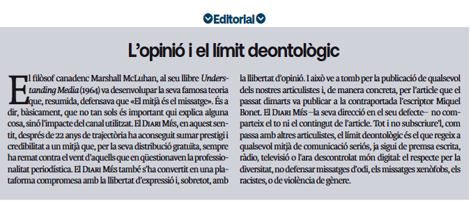 MiquelBonet_'s tweet photo. Es veu que a la SS (Secta Sociata) no li va agradar gaire la meva columna de dimarts (https://t.co/BMEA4qEOf1) i no s'han estat de pressionar, fins al punt que el Diari Més ha hagut de publicar avui una editorial amb els bàsics del periodisme i l'opinió.

Molt agraït. https://t.co/Xm0t1XN7My