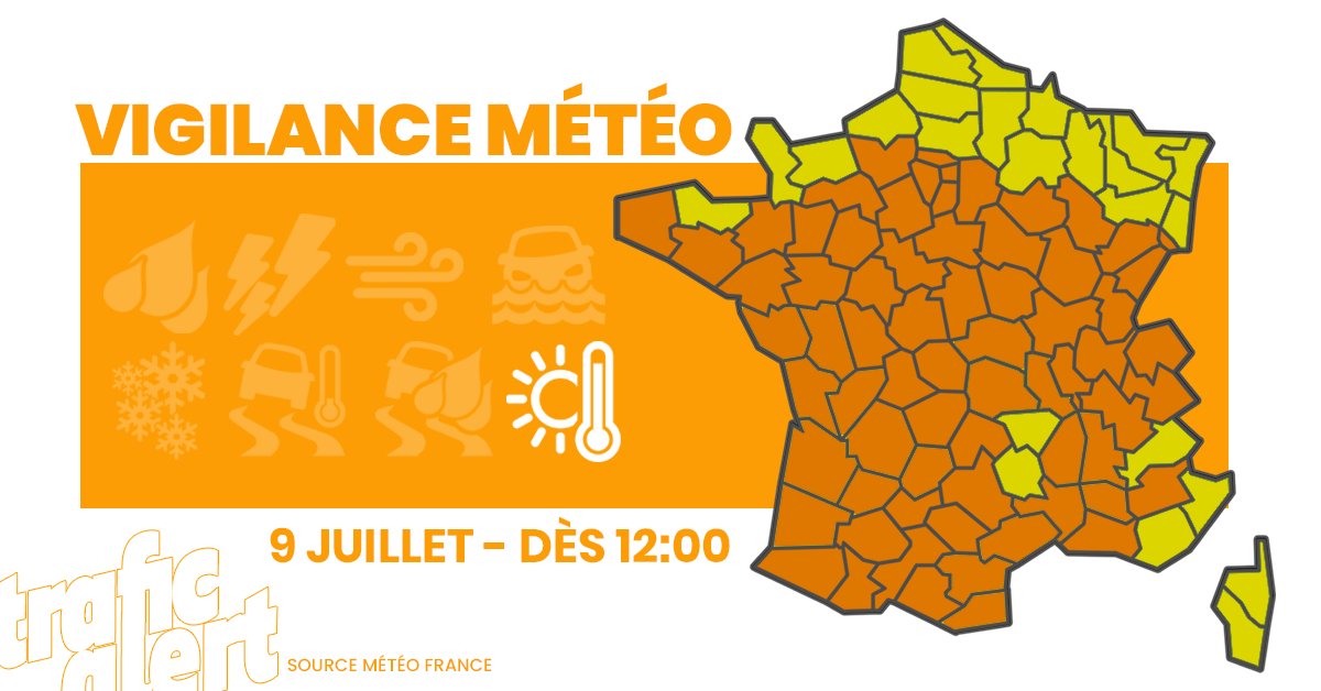 trafic_aura's tweet photo. 🌡️  CANICULE | Tout le pays désormais en vigilance canicule ce jeudi, jaune ou orange, le seuil des 40°C franchi hier sur une partie du sud-est, hausse de températures à l'ombre attendue aujourd'hui, minimum 35°C. Prudence.   https://t.co/nltkuJVdrq https://t.co/Qgkn9xwAK1