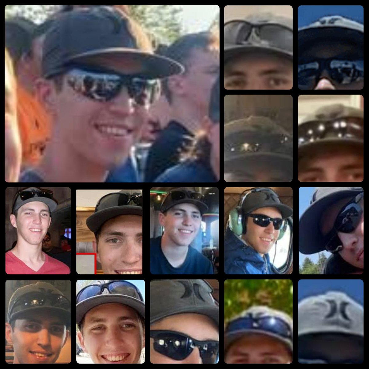 VLuvMully's tweet photo. It’s nearly IMPOSSIBLE to find a photo of Tyler Robinson NOT wearing his grey Hurley hat with a BLACK X (H) symbol on it… wtf are these hats that the person alleged to be Tyler Robinson in all these blurry unrecognizable photos and videos is wearing? Poor guy he was so basic and predictable… he generally wore a blue or maroon T-shirt, a black symbol grey Hurley hat with sunglasses and chucks everyday… The PERFECT Patsy.  🤦🏻‍♀️ @RealCandaceO @baroncoleman @IanCarrollShow  @godfatherofchao