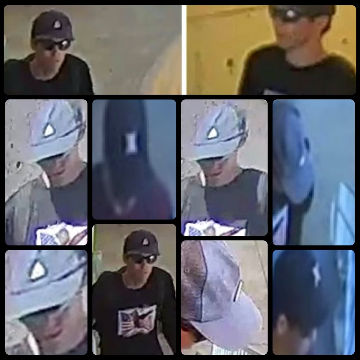 VLuvMully's tweet photo. It’s nearly IMPOSSIBLE to find a photo of Tyler Robinson NOT wearing his grey Hurley hat with a BLACK X (H) symbol on it… wtf are these hats that the person alleged to be Tyler Robinson in all these blurry unrecognizable photos and videos is wearing? Poor guy he was so basic and predictable… he generally wore a blue or maroon T-shirt, a black symbol grey Hurley hat with sunglasses and chucks everyday… The PERFECT Patsy.  🤦🏻‍♀️ @RealCandaceO @baroncoleman @IanCarrollShow  @godfatherofchao