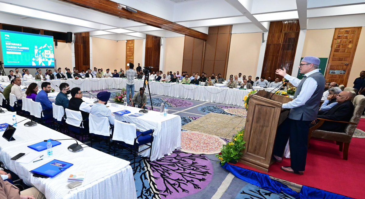 CM_JnK's tweet photo. Chief Minister today inaugurated the Conclave on "Sustainable Tourism Planning: Designing Tourism for Tomorrow" at SKICC, Srinagar. He emphasized the need to transition towards a sustainable, scientific, long-term, evidence-based and community-centric tourism model across Jammu & Kashmir. 

Highlighting the 3E framework of Ecology, Equity and Economy, the Chief Minister said it will guide the planning and development of priority destinations across J&K, laying the foundation for a resilient, responsible and future-ready tourism sector.