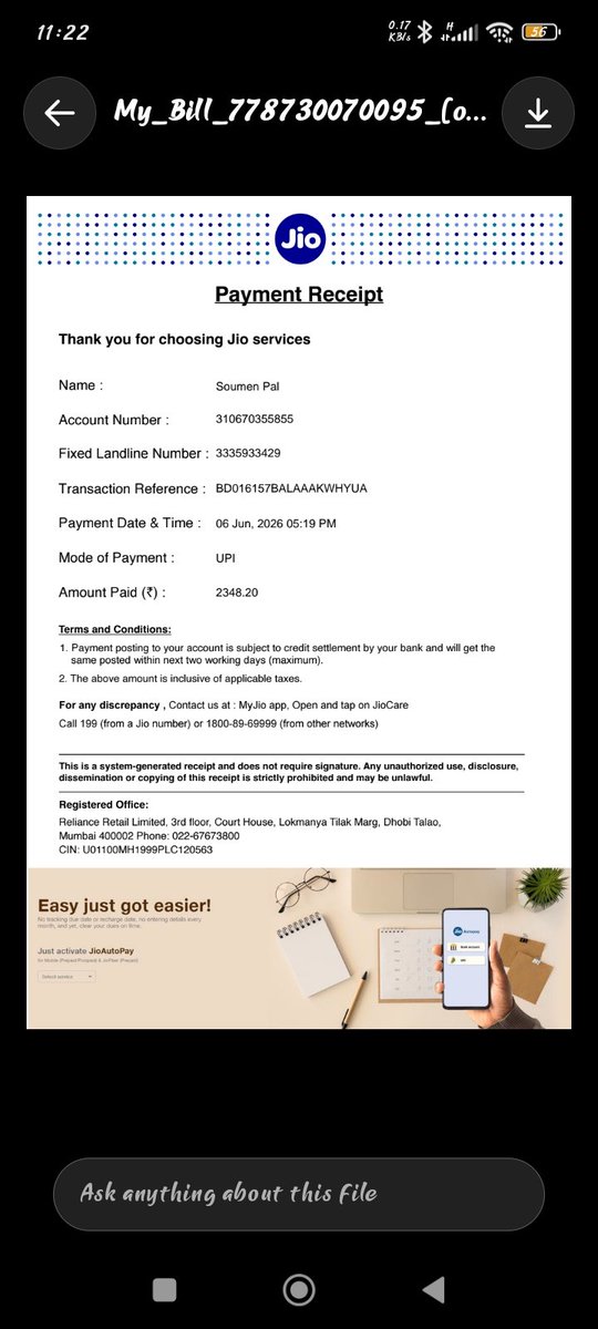 SoumenMamonPal's tweet photo. @JioCare @reliancejio Absolute extortion by Jio Kolkata team Internet down since 4 July (SR00002MAT64)on hold. Today higher authority lady called,rudely threatened to keep internet down permanently unless I forcefully migrate to AirFiber! Paid 5month advance! Have call recording. https://t.co/KY0nDUENhS