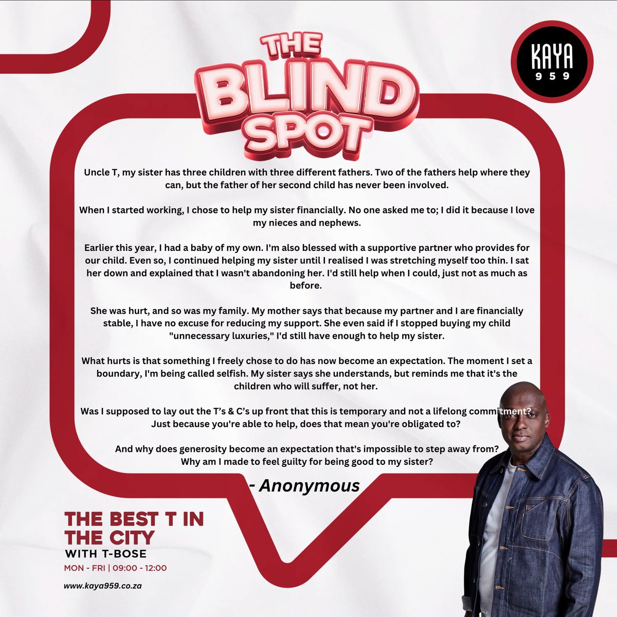 tboseZA's tweet photo. #TheBlindSpot... on @KayaON959 

Comment via VN on WhatsApp 063 688 0959 https://t.co/ojwbHaSiM8