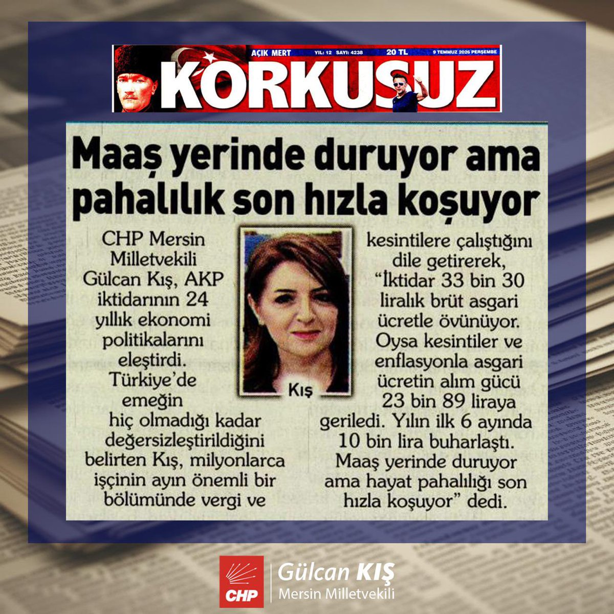 GulcanKis's tweet photo. 📸 BASINDAN

Ücretler yerinde sayıyor, hayat pahalılığı ise durmaksızın koşuyor.
İktidarın övündüğü 33.030 TL brüt asgari ücret, enflasyon ve kesintilerle 23.089 TL alım gücüne geriledi. İlk 6 ayda yaklaşık 10 bin lira buharlaştı. Emekçinin alın terini enflasyona ezdirmeyeceğiz, insanca yaşam mücadelesini büyütmeye devam edeceğiz.

#Basından #asgariücret #enflasyon #emekli #memur