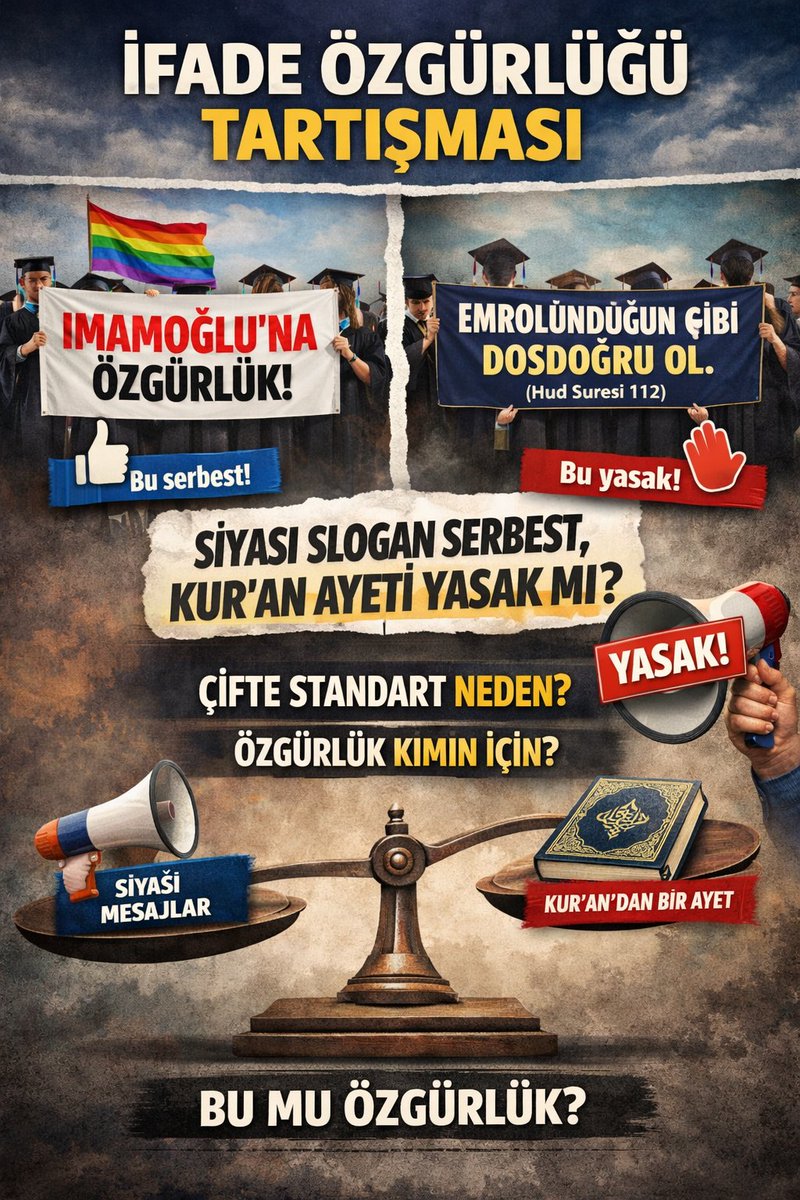 adanzyetrade's tweet photo. Bir Ayetten Kim Rahatsız Oldu?

Yeditepe Üniversitesi'nde yaşanan olay, sadece bir pankart meselesi değildir. Asıl mesele, ifade özgürlüğünün gerçekten herkes için geçerli olup olmadığıdır.

Bir mezuniyet töreninde siyasi sloganlar görülebiliyor, ideolojik mesajlar taşınabiliyor, LGBT temalı ifadeler kendine yer bulabiliyor. Peki sıra Kur'an-ı Kerim'den bir ayet meali taşıyan pankarta gelince ne değişti?

"Emrolunduğun gibi dosdoğru ol."

Bu cümlede kimi rahatsız edecek ne vardı?

Bir ayet, siyasi bir slogan kadar mı tehlikeliydi? Yoksa bazı düşünceler ifade özgürlüğü kapsamında görülürken, dini ifadeler mi artık bu özgürlüğün dışında bırakılıyor?

Üniversiteler, farklı fikirlerin bir arada yaşayabildiği kurumlar olmak zorunda değil mi? Eğer ifade özgürlüğü sadece belirli ideolojilere tanınıyor, muhafazakâr veya dini bir ifade söz konusu olduğunda aynı hassasiyet gösterilmiyorsa, burada özgürlükten değil, tercih edilen fikirlerin korunmasından söz edilir.

Bugün kamuoyunun sorması gereken soru tam da budur.

Neden "İmamoğlu'na özgürlük" yazısı sorun olmuyor da bir ayet rahatsızlık oluşturuyor?

Neden siyasi mesajlar normal karşılanırken dini bir mesajın görünmesi engellenmeye çalışılıyor?

Neden LGBT temalı ifadeler "özgürlük" olarak değerlendirilirken, Kur'an'dan bir ayet aynı anlayışla karşılanmıyor?

Bunlar cevabı verilmesi gereken sorulardır.

Bir başka soru daha var.

Yeditepe Üniversitesi nasıl bir nesil yetiştirmeyi hedefliyor?

Her görüşün konuşulabildiği, her inancın kendini ifade edebildiği özgür bireyler mi; yoksa sadece belirli düşüncelerin makbul kabul edildiği tek tip bir akademik anlayış mı?

Bir üniversitenin gerçek sınavı, hoşuna giden fikirleri alkışlamak değil; katılmadığı fikirlerin de barışçıl şekilde ifade edilmesini koruyabilmesidir.

Toplumun merak ettiği bir diğer konu ise şeffaflıktır.

Üniversitenin ifade özgürlüğü ölçütü nedir? Hangi mesaj kabul edilebilir, hangisi edilemez? Bu kararları kim veriyor? Hangi ilkelere göre veriyor?

Çünkü kurallar kişiye, düşünceye veya inanca göre değişiyorsa, orada adaletten söz etmek mümkün değildir.

Yeditepe Üniversitesi'nin bu olay karşısında sessiz kalması, tartışmaları sona erdirmiyor; aksine daha da büyütüyor.

Üniversiteler özgürlüğün adresi olmalıdır. Ancak özgürlük, sadece belirli görüşler için işletiliyorsa, geriye özgürlük değil, çifte standart kalır.

Ve son bir soru...

Bir ayetten rahatsız olan bir akademik anlayış, gerçekten çoğulculuğu mu savunmaktadır; yoksa sadece kendi dünya görüşüne uygun olan düşüncelerin görünür olmasını mı istemektedir?

Bu soruların cevabını yalnızca Yeditepe Üniversitesi değil, ifade özgürlüğünü savunduğunu söyleyen herkes vermelidir.