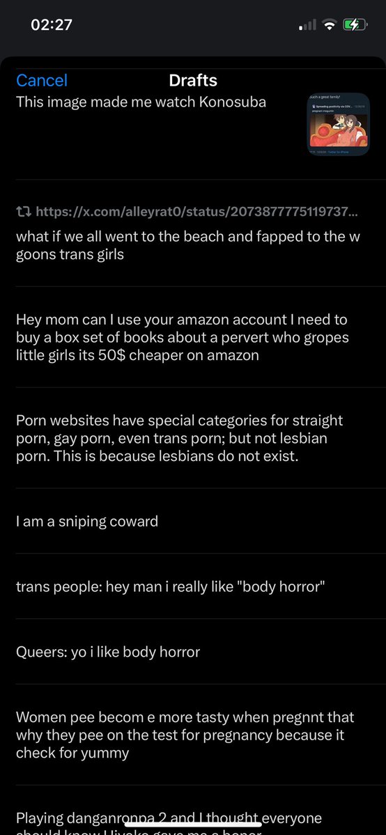 DoubleDickRape's tweet photo. Monthly screenshot of my drafts https://t.co/UwO1LLXEPA