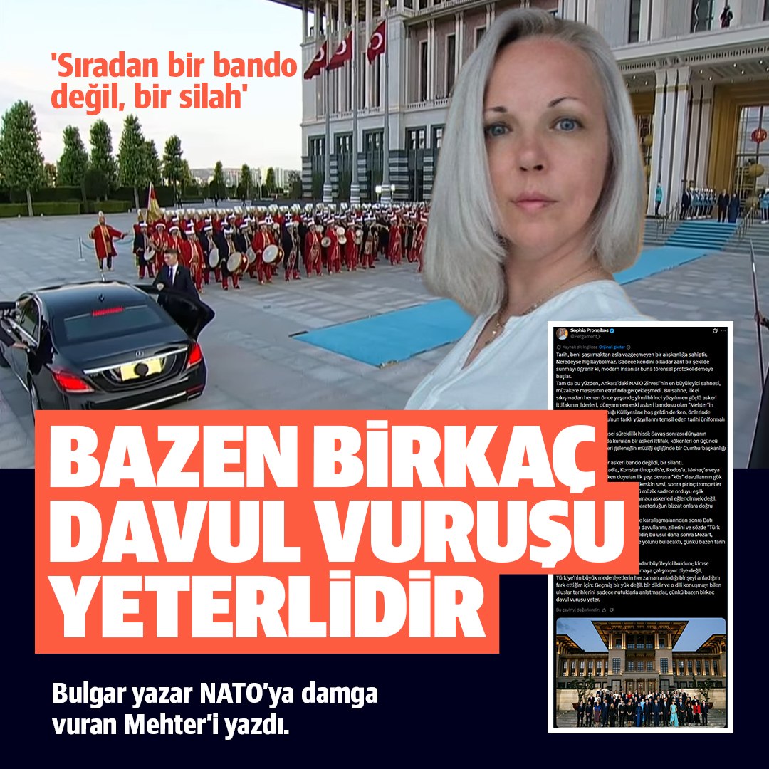 Asena_2534's tweet photo. "Bazen birkaç davul vuruşu yeterlidir"
"Bu töreni büyüleyici buldum" diyen Proneikos, "Kimse Osmanlı İmparatorluğu'nu canlandırmaya çalışıyor diye değil, Türkiye'nin büyük medeniyetlerin her zaman anladığı bir şeyi anladığını fark ettiğim için: 'Geçmiş bir yük değil, bir dildir ve o dili konuşmayı bilen uluslar tarihlerini sadece nutuklarla anlatmazlar, çünkü bazen birkaç davul vuruşu yeter.'" ifadelerini kullandı.

Donald Trump" Rusya 
Mimovic Ankara'da Çağrı Balta 
Greenwoodun "Sayın Cumhurbaşkanımız" İran İzlanda Arjantin Messi İsrail Malcom Osmanlı Ekrem İmamoğlu Ece İrtem Savunma Gazze 
#perşembe
#NATOsummit
#EKIM
 #çeyrekaltın #Borsaİstanbul