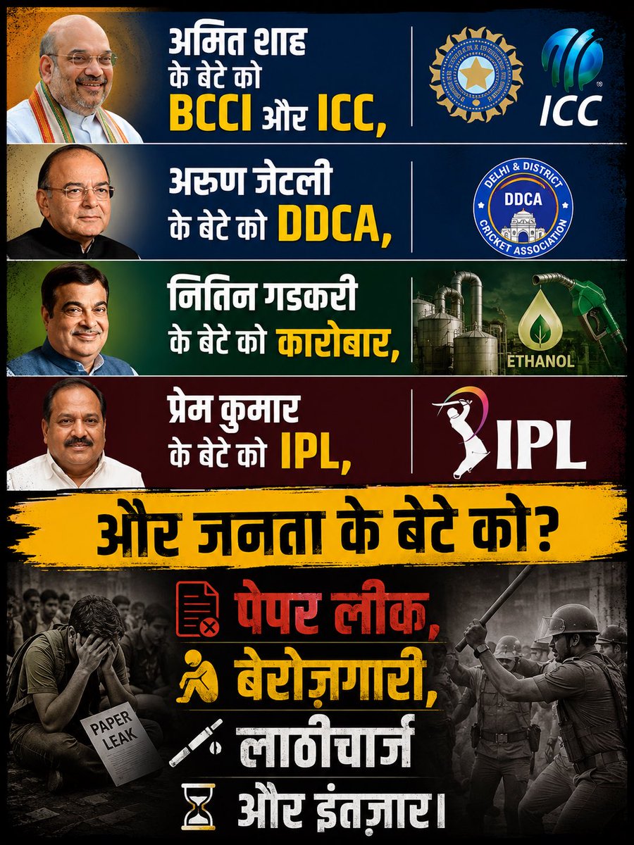 HarishMeenaINC's tweet photo. सत्ता के बेटों को पद और कारोबार,
जनता के बेटों को पेपर लीक, बेरोज़गारी और लाठीचार्ज।
यही है नया भारत?
#BJPFailed #ModiFailed https://t.co/CEICln3nrB