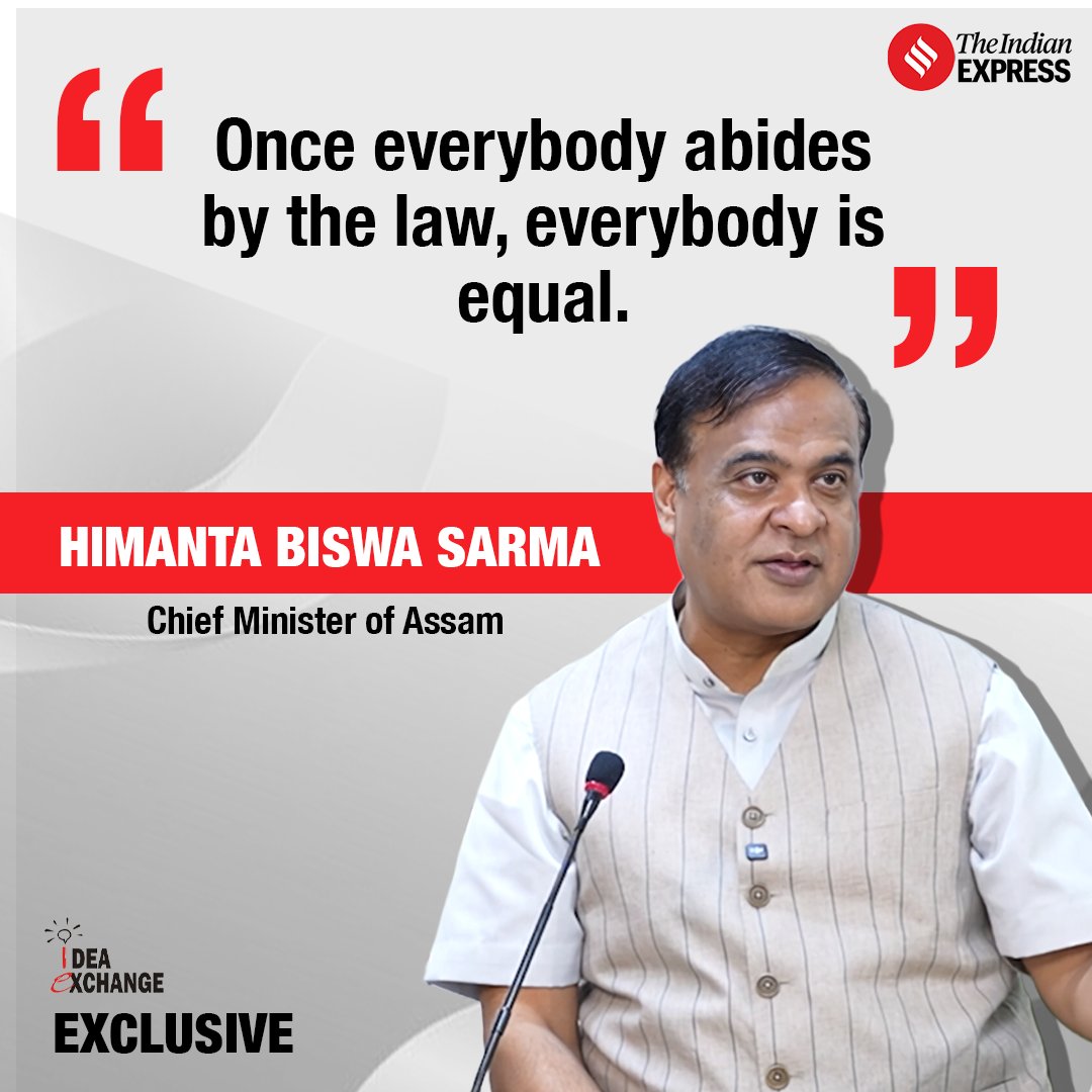 IndianExpress's tweet photo. In an exclusive conversation at The Indian Express #IdeaExchange, Assam Chief Minister Himanta Biswa Sarma speaks about being seen as a polarising figure, the road to peace in Manipur, his criticism of Rahul Gandhi and the Congress, and his political plans going forward.
🔗 https://t.co/TOtrSn61Eh