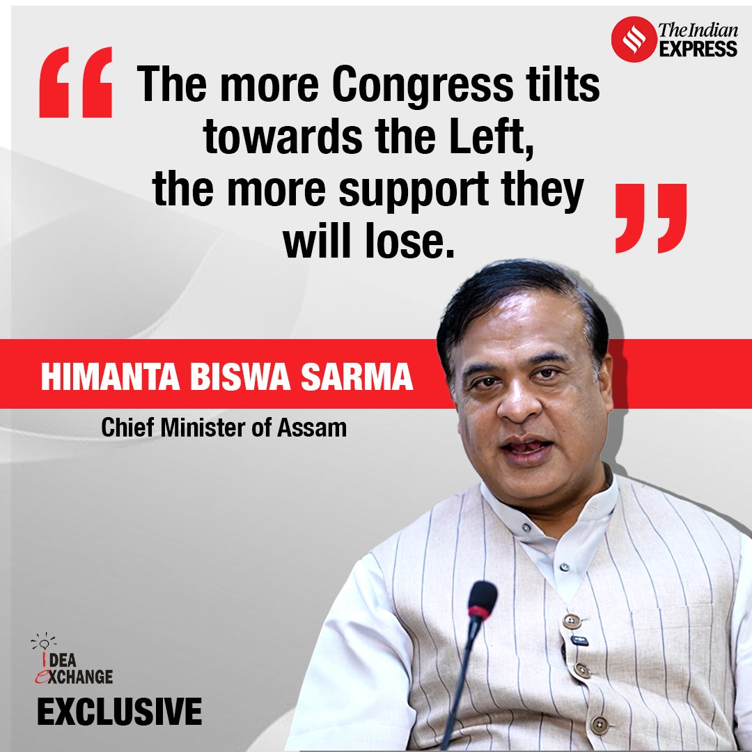 IndianExpress's tweet photo. In an exclusive conversation at The Indian Express #IdeaExchange, Assam Chief Minister Himanta Biswa Sarma speaks about being seen as a polarising figure, the road to peace in Manipur, his criticism of Rahul Gandhi and the Congress, and his political plans going forward.
🔗 https://t.co/TOtrSn61Eh