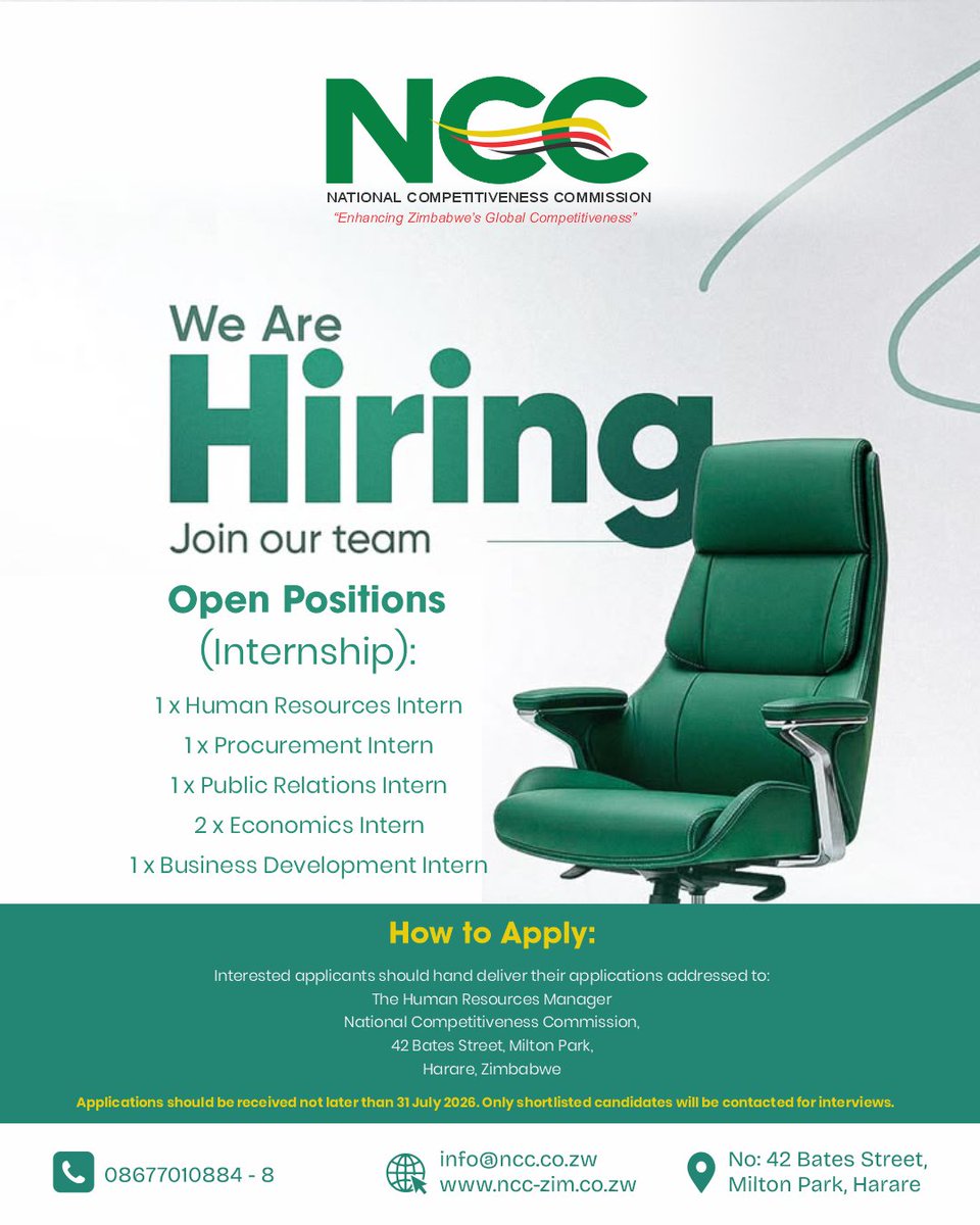 ncczimbabwe's tweet photo. 🚨 WE ARE HIRING – Internship Opportunities!

#NCCZimbabwe https://t.co/ic2l4LmKIs
