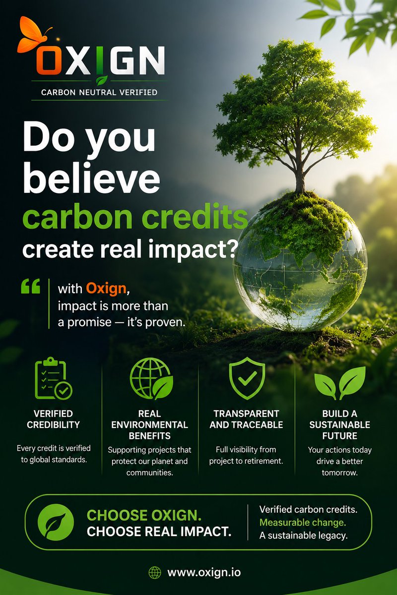 JoinOxign's tweet photo. Do you believe carbon credits create real impact? #Oxign #EcoTalk #Oxign #ClimateChange #GreenBusiness #Sustainability #netzero #carboncredits #ecofriendly #ClimateAction https://t.co/FJSI4eqe0s https://t.co/Qo4JlkhuwK