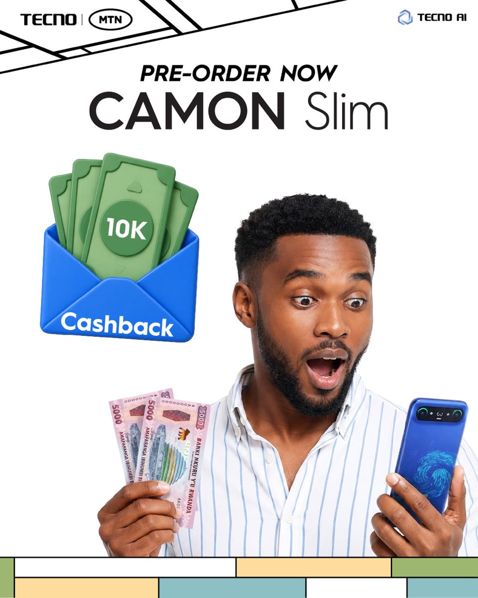 TECNOMobileRW's tweet photo. Ntucikwe n’aya mahirwe! Kora Pre-order yawe uyu munsi, ufate screenshot uyi posting-e if you hit 50+ likes ubone 10K Cashback kandi winjire mu ba mbere bazagira CAMON Slim. #tecnocamonslim #rwandacamon #tecnorwanda https://t.co/VapxoWRbov