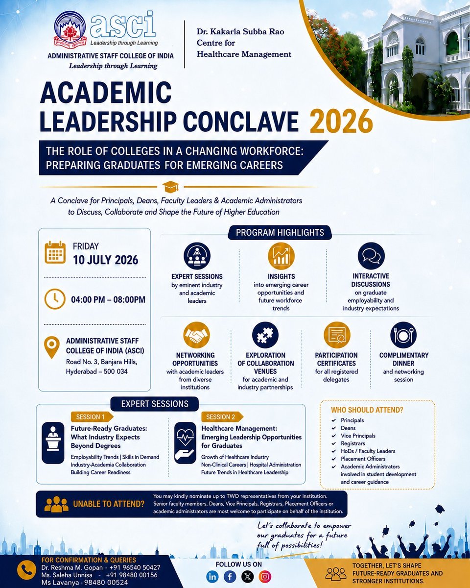 Ascipgdhm's tweet photo. shaping the next generation of leaders in higher education and healthcare management.
📞 Contact us : 91 96540 50427 | 91 98480 00156 | 91 98480 00524
#asci #academicleadership #healthcaremanagement #pgdmhospitalmanagement #conclave #ascihyderabad #academicleadershipconclave https://t.co/RGubc2u6V6